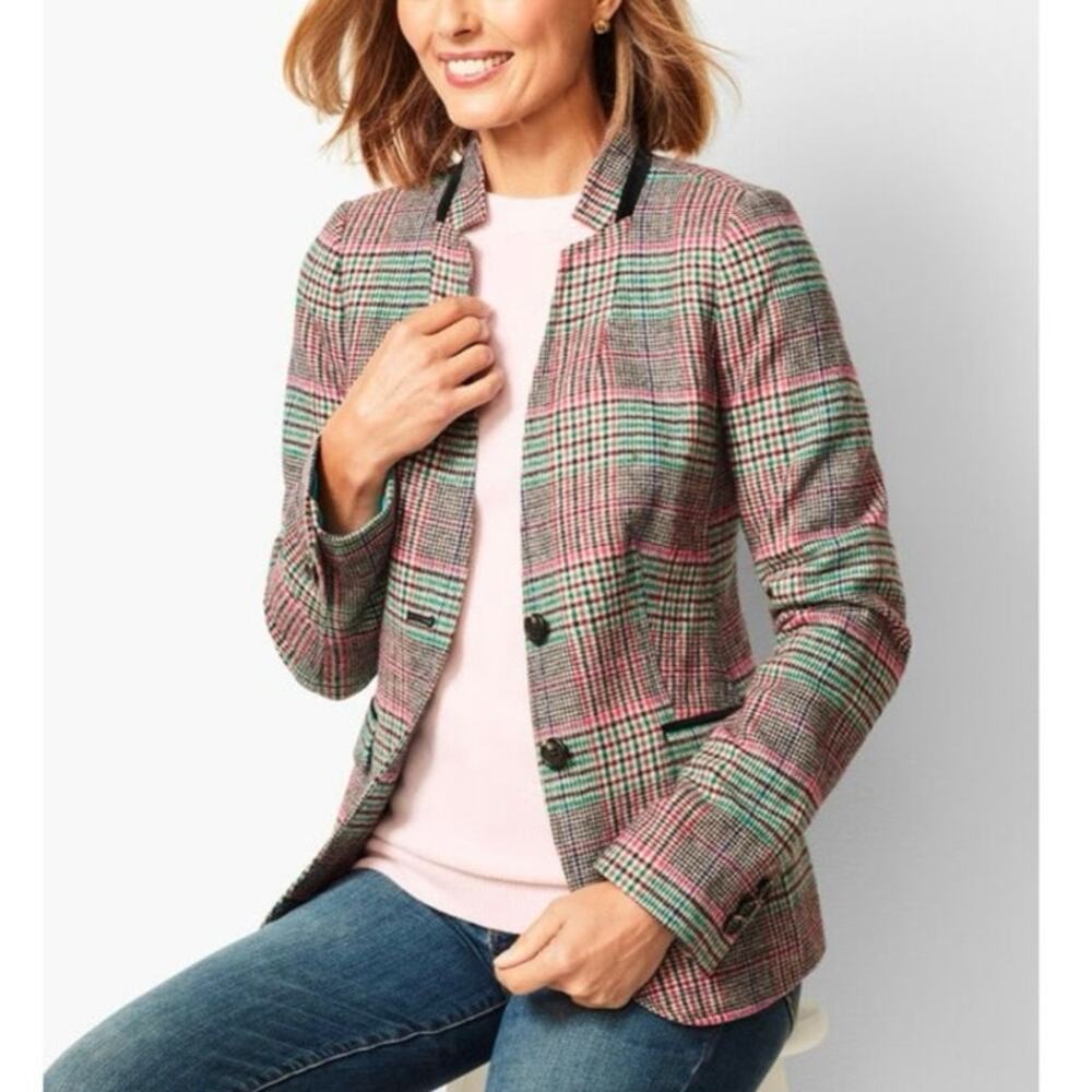 Talbots Shetland Aberdeen Blazer Women’s Size 12 Pink Green Plaid Jacket Preppy